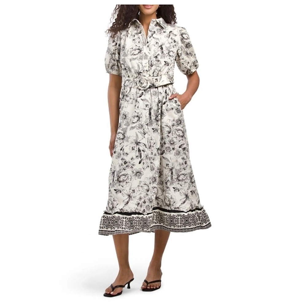 Joie Midi Shirt Dress‎ Womens Sz 16 White Black Floral Short Sleeve No Belt